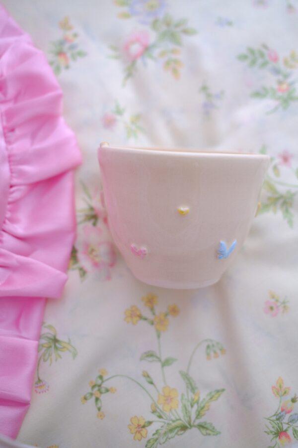 Petite tasse à latte - papillons et coeurs pastels + petit coeur en or